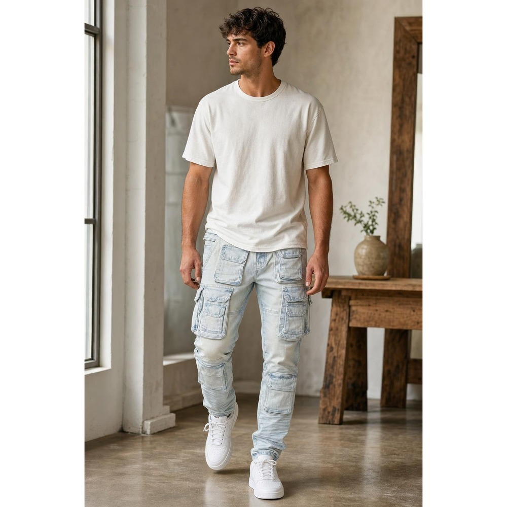 NEW Copper Rivet Cargo Jeans Men's 34x30 Light Wash Slim Fit Multi Pocket Grunge